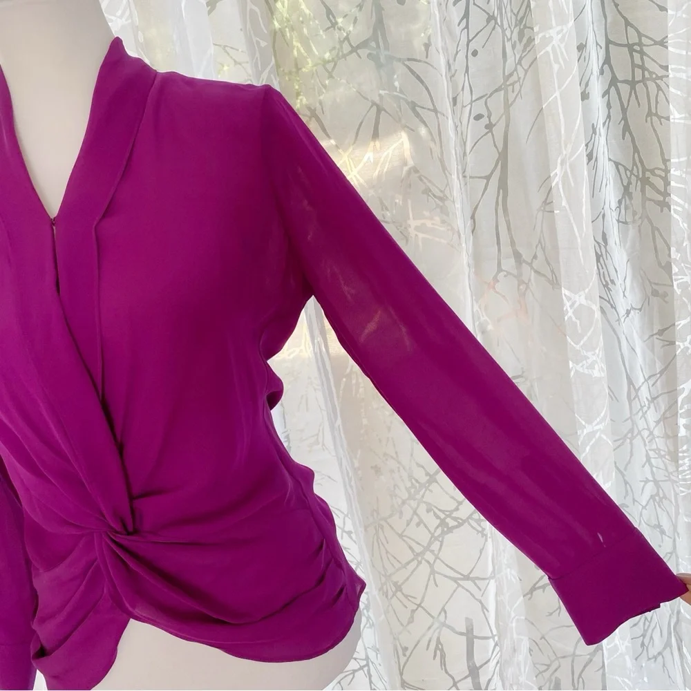 L’AGENCE PURPLE PLUM PLUNGE SILK TWIST FRONT LONG SLEEVE MARIPOSA BLOUSE top - Picture 2 of 12
